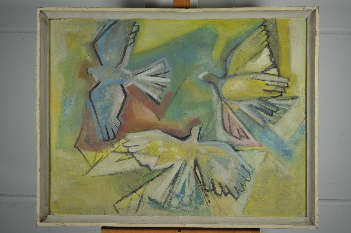 Detail k: Willi Briant, 1922-2015, Vögel, Tempera auf Hartfaser, unsigniert, rückseitig Etikett der Winter-Ausstellung 1956 der Bildenden Künstler Rheinland ...