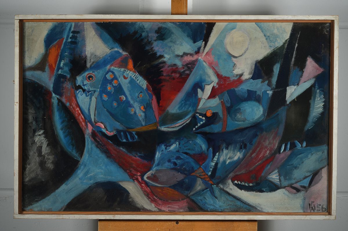 Detail k: Willi Briant, 1922-2015, Fische, Tempera aufHartfaser, monogr. WB und dat. 56, ca. 60x96cm, R.