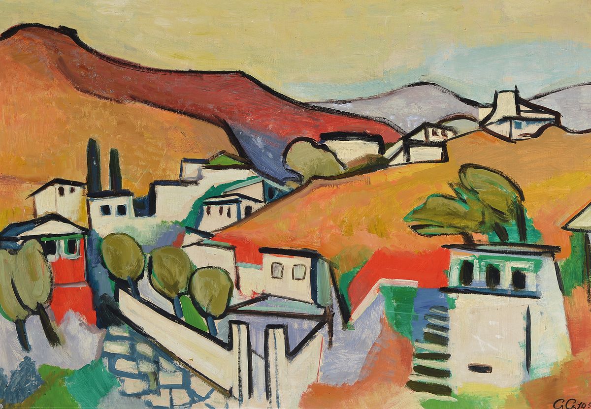 Gustave Camus, 1914 Chatelet-1984 Mons, Blick auf eine Stadt, Öl/Hartfaser, rechts unten monogr. G.Cs. 1955, ca. 59x86cm, R.