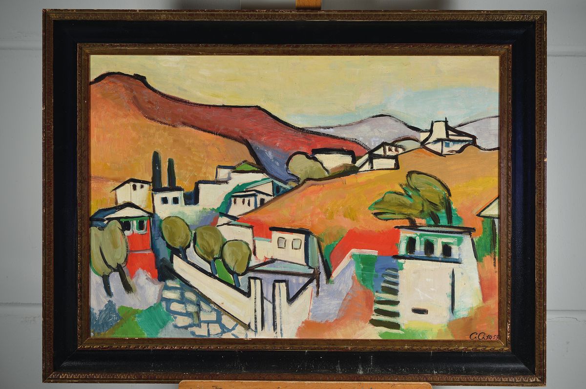 Detail k: Gustave Camus, 1914 Chatelet-1984 Mons, Blick auf eine Stadt, Öl/Hartfaser, rechts unten monogr. G.Cs. 1955, ca. 59x86cm, R.