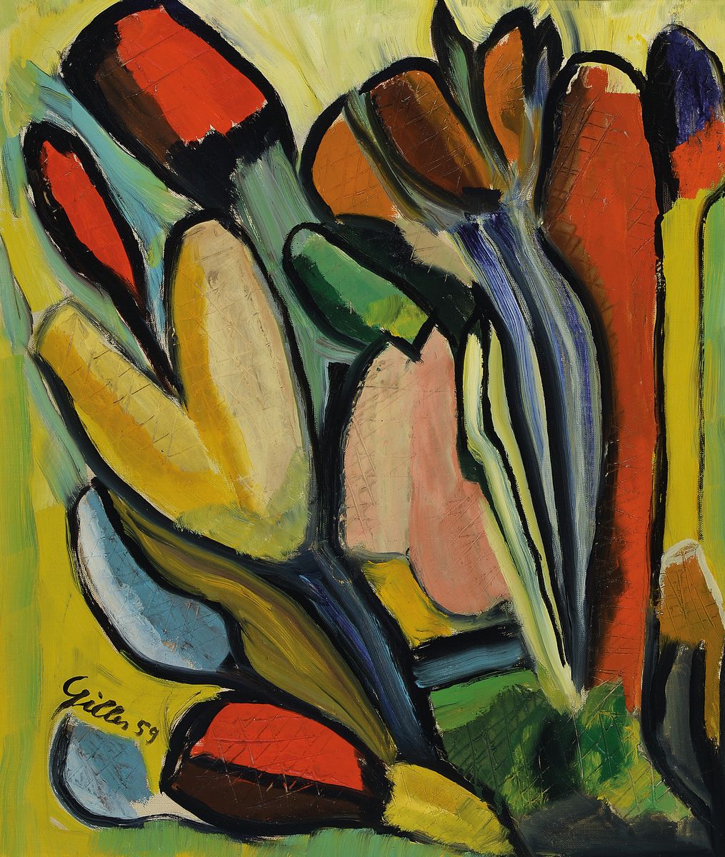 Werner Gilles, 1894 Rheydt-1961 Essen, Studium an der Kunsthochschule Kassel und am Bauhaus Weimar, hier: Blumenstillleben, Öl/LWd, geritzte ...