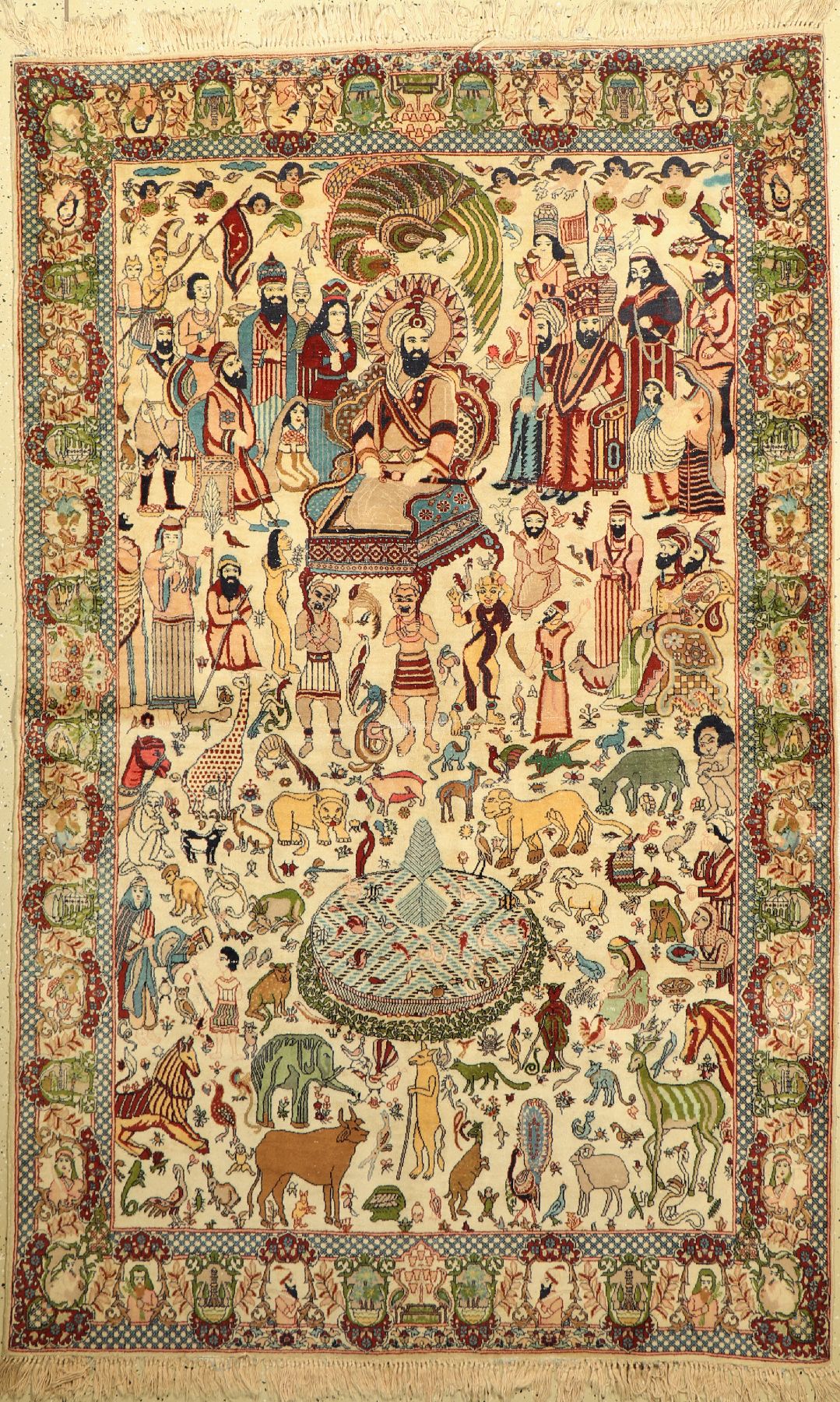 Kaschmir "Bildteppich" alt, Indien, ca. 60 Jahre, Wolle auf Baumwolle, ca. 246 x 156 cm, König Salomon, EHZ: 3 (Altersspuren)