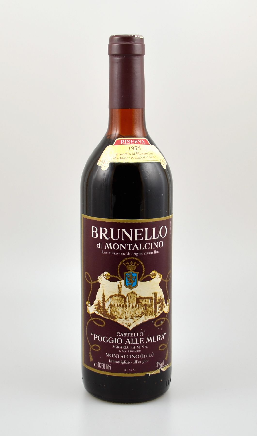 1 Flasche 1975 Brunello di Montalcino, Castello Poggio Alle Mura, Riserva, ca. 75 cl, 13 % Vol., Füllstand: ca. top shoulder, unverkostet