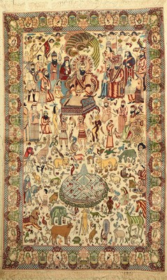 Kaschmir "Bildteppich" alt,  Indien, ca. 60 Jahre, Wolle auf Baumwolle, ca. 246 x 156 cm, König Salomon, EHZ: 3 (Altersspuren)