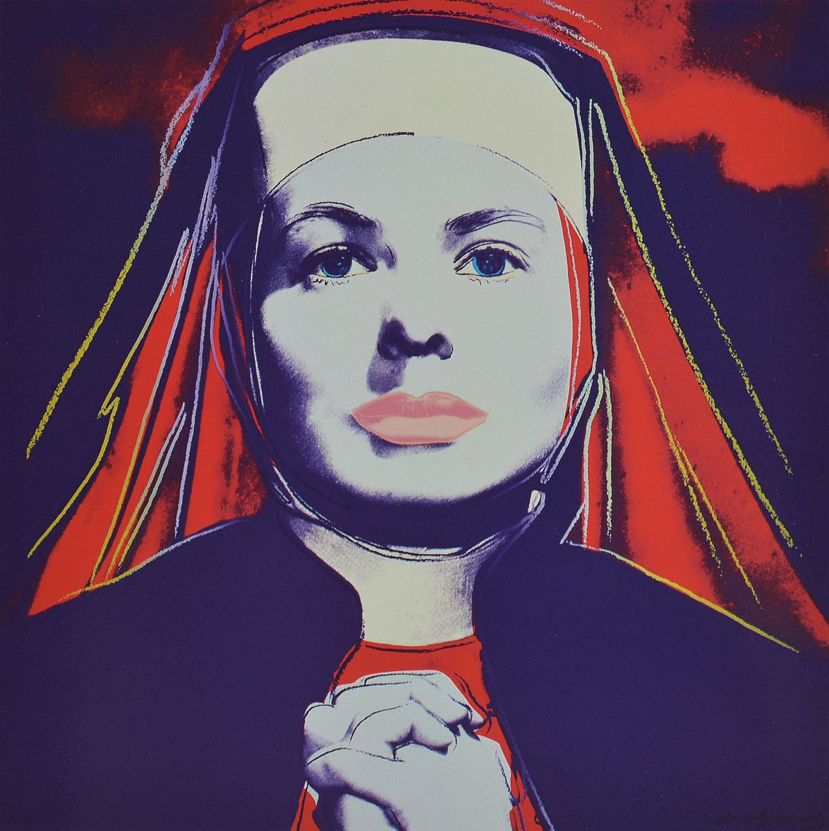 Andy Warhol, 1928-1987, Portrait von Ingrid Bergmann, Konvolut aus sechs Farboffsets nach dem Orig. Siebdruck, Portfolio zur Austellung einer ...