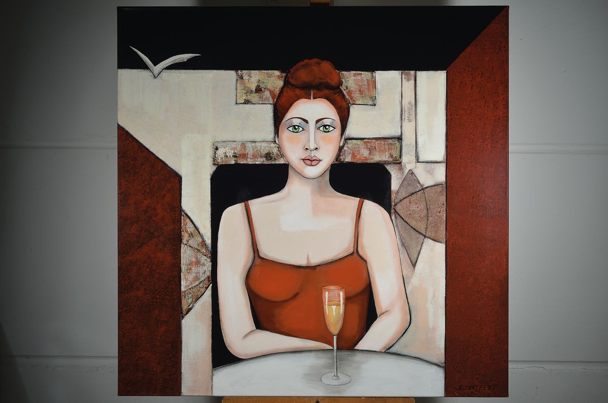 Detail k: Silvia Sartelet, geb. 1947 Berlin, Frauendarstellung, Acryl/Lwd, sign., ca. 100x100 cm