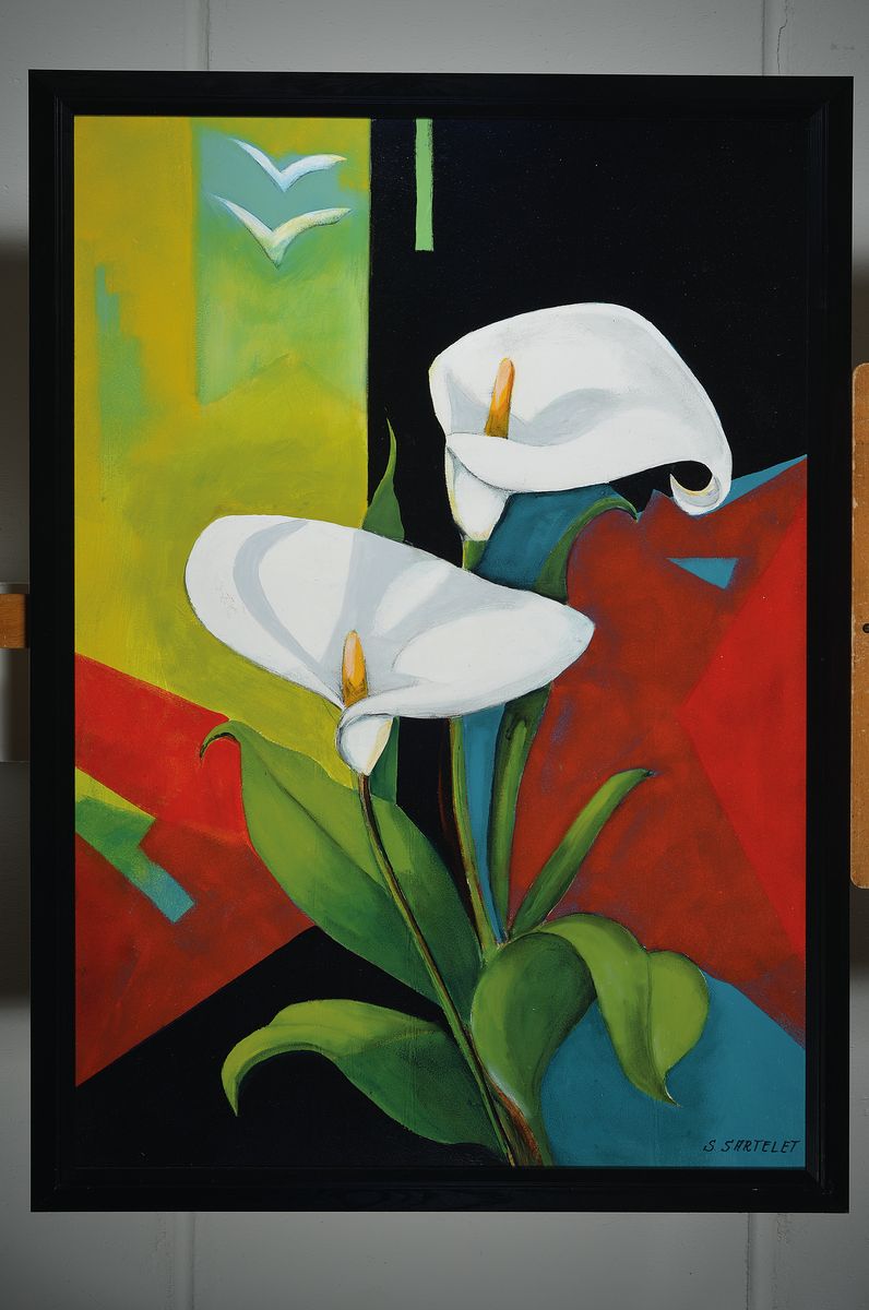 Detail k: Silvia Sartelet, geb. 1947 Berlin, Stillleben, Acryl/Lwd, sign., Rahmen, ca. 108x78 cm