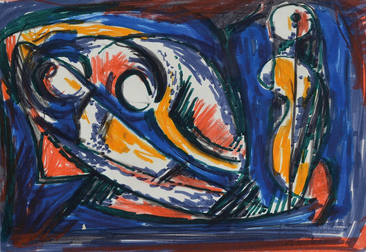 Otto Ditscher, 1903-1987 Neuhofen, Figuren, Mischtechnik und Filzstift auf Papier, rechts unten signiert und dat. 80, ca. 18x26cm, u.Gl., R.