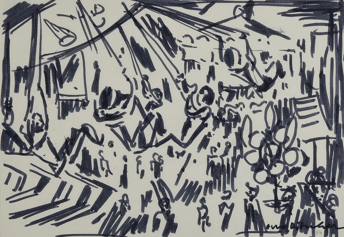 Otto Ditscher, 1903-1987 Neuhofen, Kerweplatz in Neuhofen, Filzstiftzeichnung, signiert und dat. 54, ca. 21x30cm, u.Gl., R.