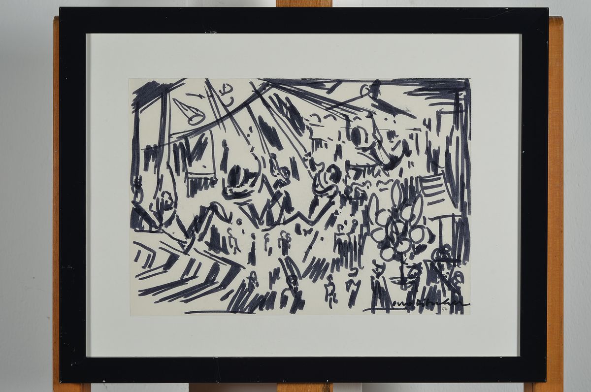 Detail k: Otto Ditscher, 1903-1987 Neuhofen, Kerweplatz in Neuhofen, Filzstiftzeichnung, signiert und dat. 54, ca. 21x30cm, u.Gl., R.