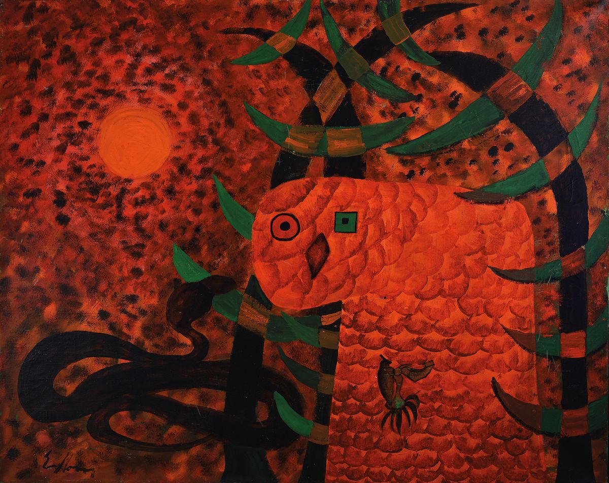 Alfred Eichhorn, 1909 St. Valentin-1972 Donnerskirchen, Eule im Baum, Öl/Lwd, kubistische Auffassung in intensiven Rottönen, links unten signiert, ...