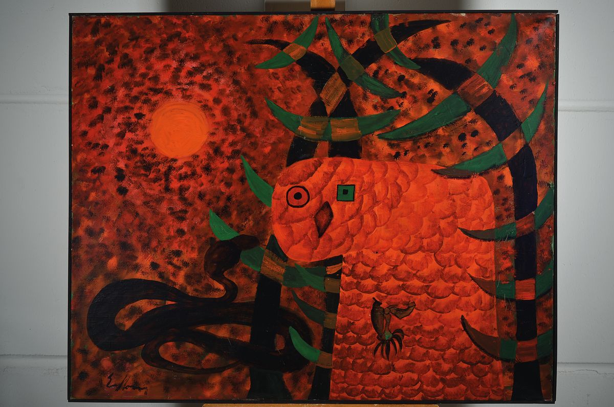 Detail k: Alfred Eichhorn, 1909 St. Valentin-1972 Donnerskirchen, Eule im Baum, Öl/Lwd, kubistische Auffassung in intensiven Rottönen, links unten signiert, ...