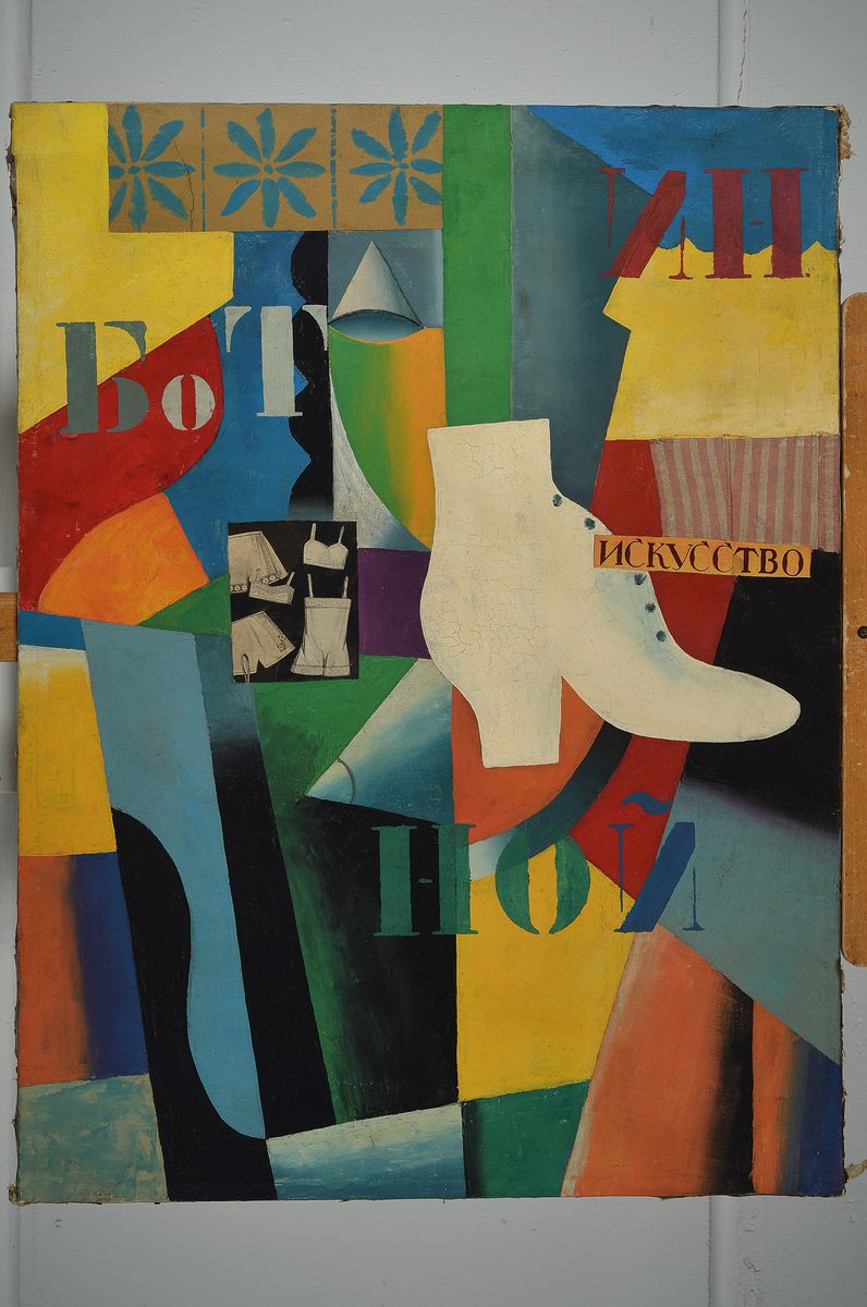 Detail k: Unbekannter Künstler der russischen, Avantgarde, 30er Jahre, Komposition, mit Zahlen und Buchstaben und Papiercollage, Öl/Lwd, Altersschäden, ca. ...