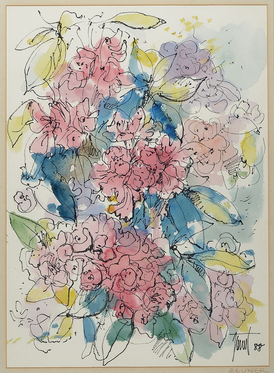Georg Günther Zeuner, 1923 Dresden-2011 Speyer, Blumendarstellung, Aquarell, sign., dat.88, PP, ca. 54x39 cm, unter Glas gerahmt, gesamt ca. 79x64 cm