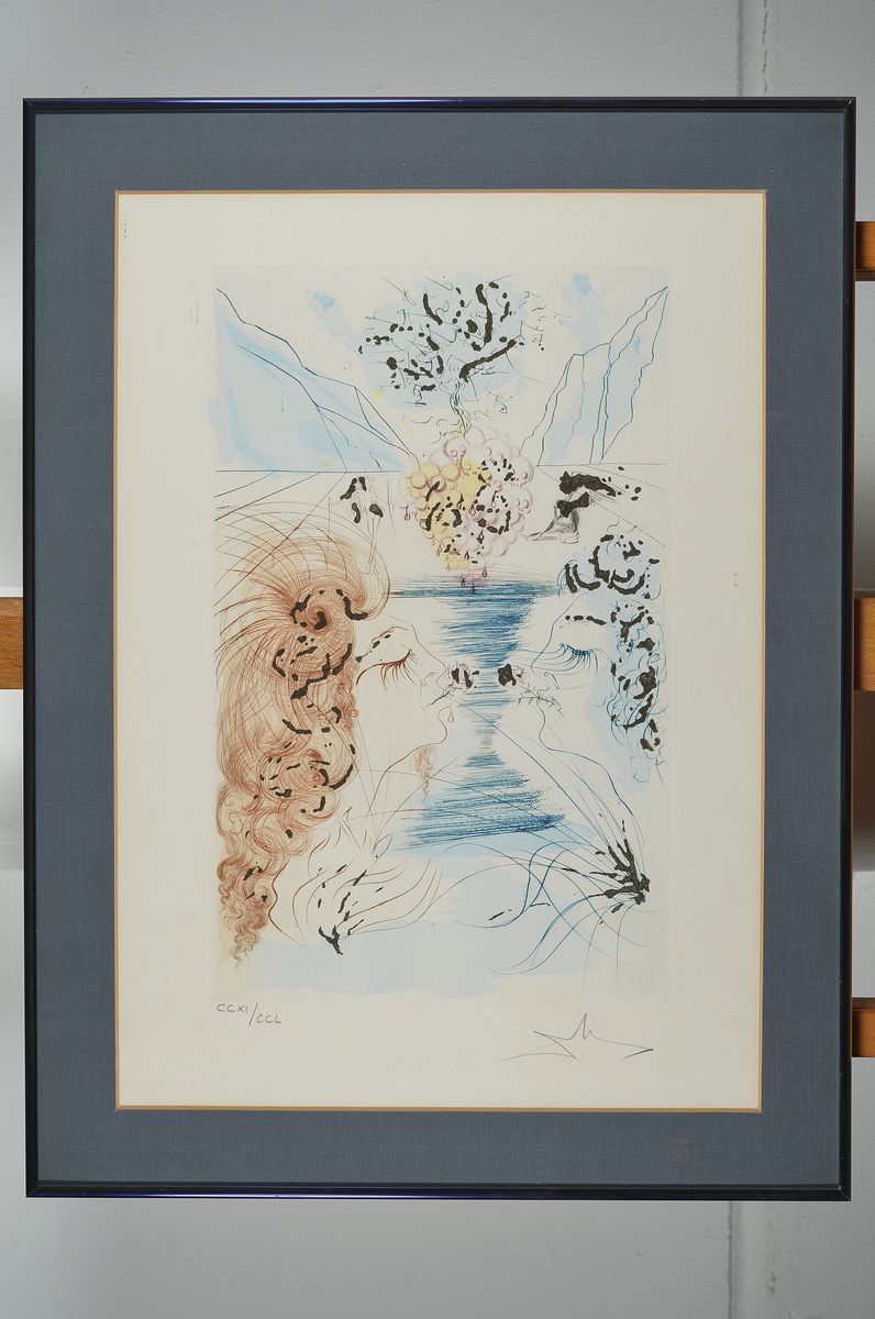 Detail k: Salvador Dali, 1904 Figureas-1989, The kiss,Farbradierung mit Goldstaubauflagen/Papier, CCXI/CCL, rechts unten signiert, Passepartout , unter Glas ...
