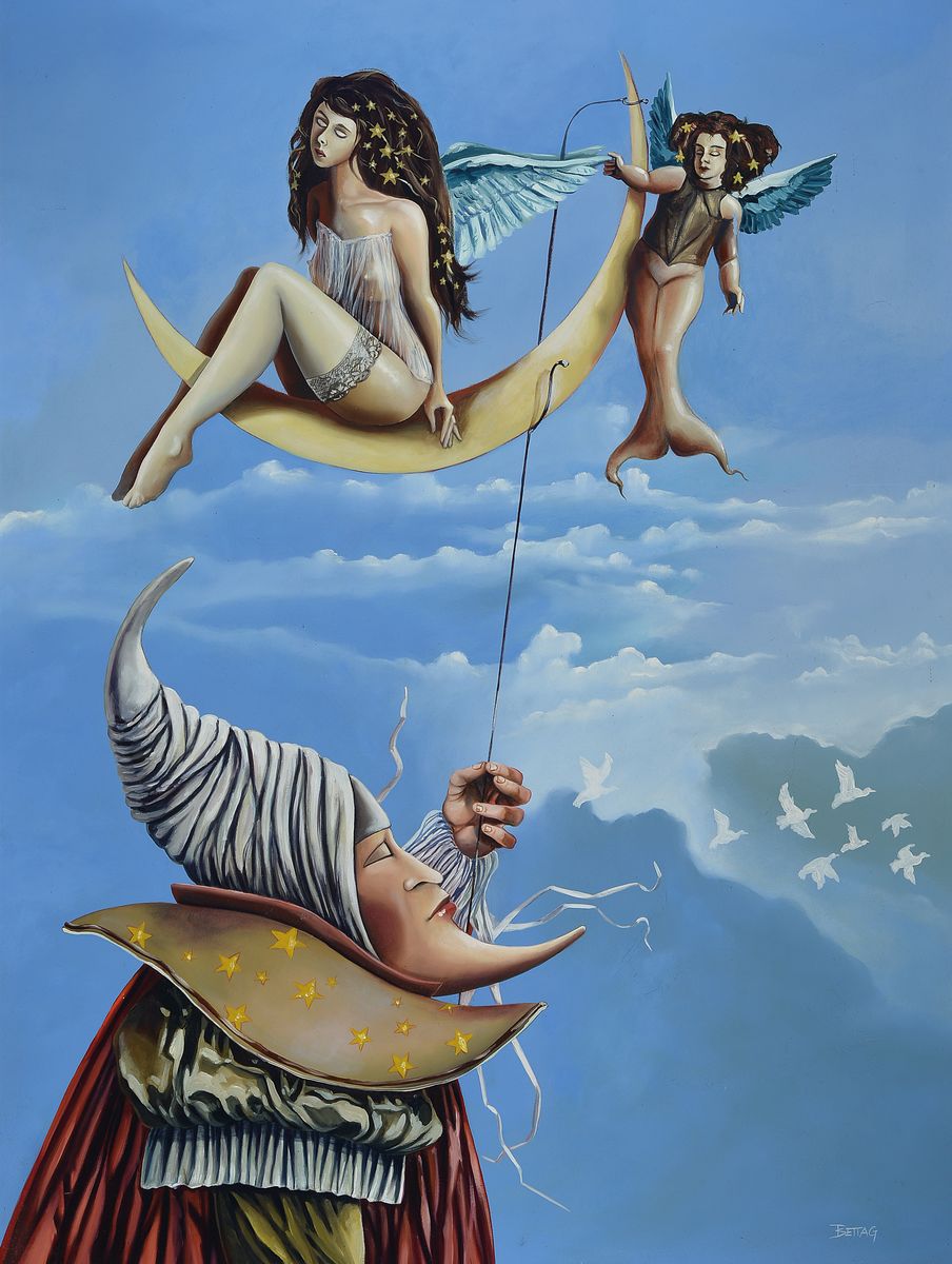 Franz-Josef Bettag, zeitgenössischer Maler, Im Angesicht des Mondes, Acryl auf Hartfaser von 2001, ca. 80x60cm, R.