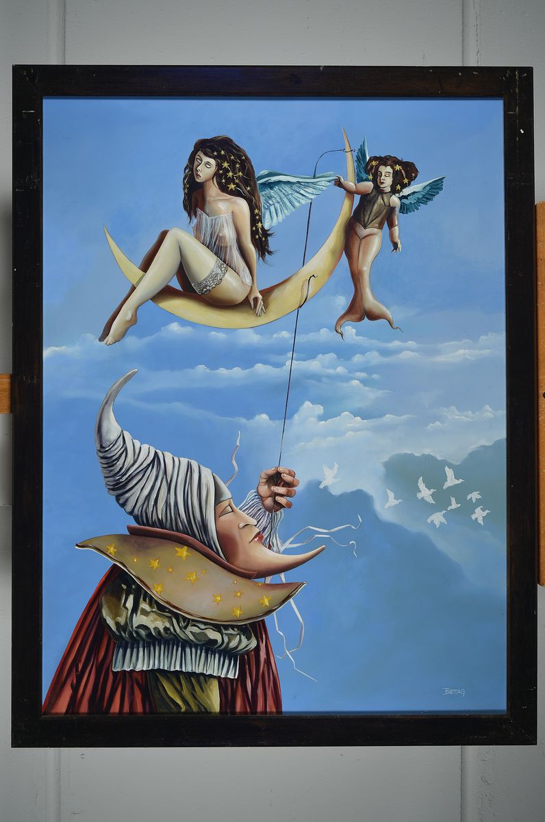 Detail k: Franz-Josef Bettag, zeitgenössischer Maler, Im Angesicht des Mondes, Acryl auf Hartfaser von 2001, ca. 80x60cm, R.