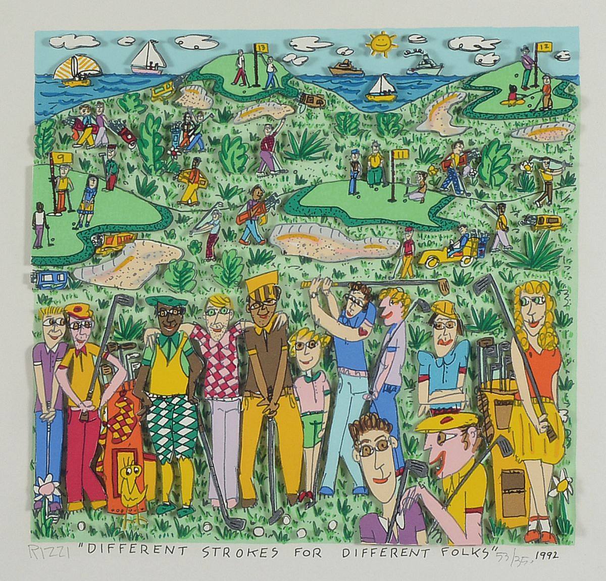 James Rizzi, 1950-2011, Different strokes for different folks, dreidimensionale Farblitho von 1992, handsign. und num. 53/350,ca. 22x22cm, u.Gl., R. ...