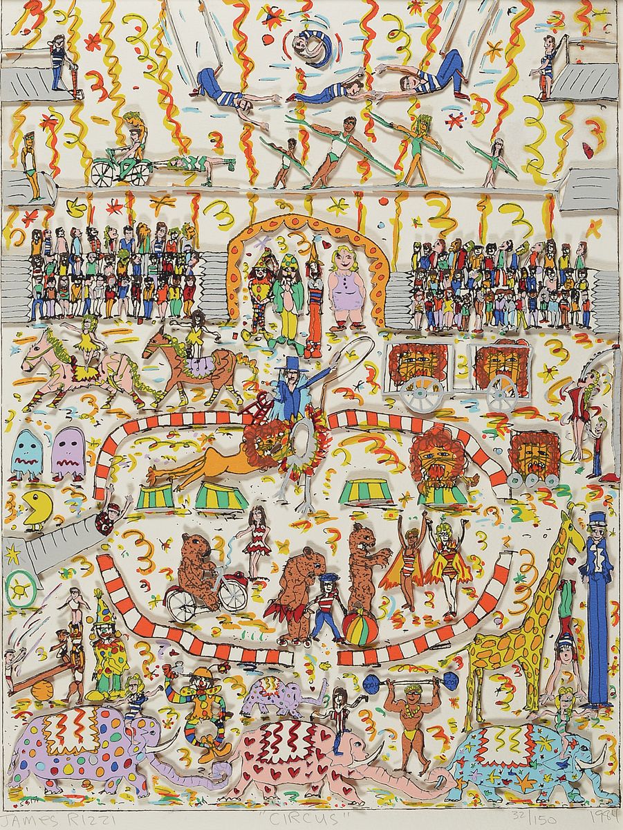 James Rizzi, 1950-2011, Circus, dreidimensionale Farblithographie von 1984, handsign., betitelt und num. 32/150, ca. 39x29cm, PP, u.Gl., R. ca. ...