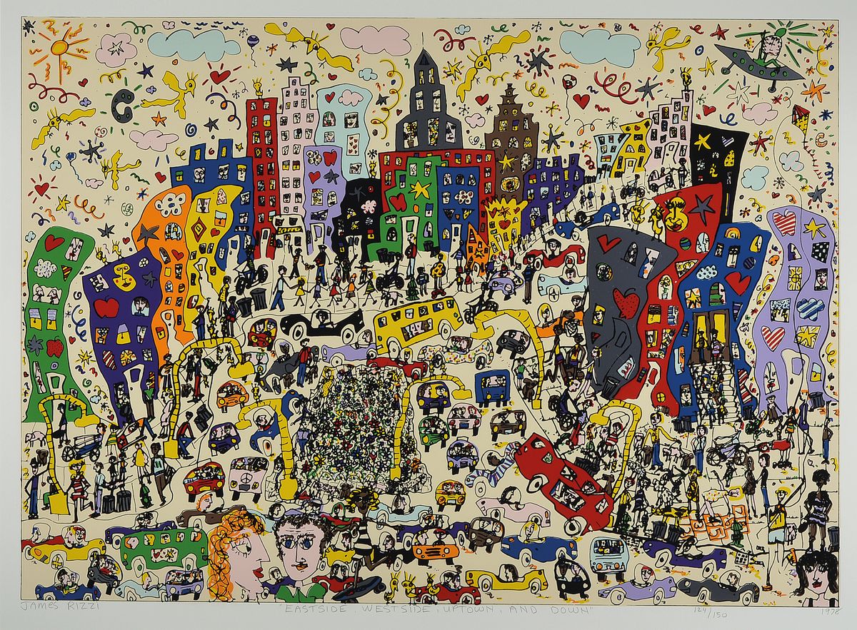 James Rizzi, 1950-2011, Eastside, Westside Uptown and down, Farblithographie von 1978, handsigniert, betitelt, datiert und num. 124/150, farbfrisch, ...