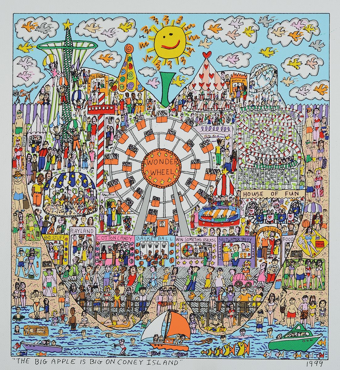 James Rizzi, 1950-2011, The big apple is big on Coney Island, Farblithographie auf Leinwand von 1999, ca. 28x25.5cm