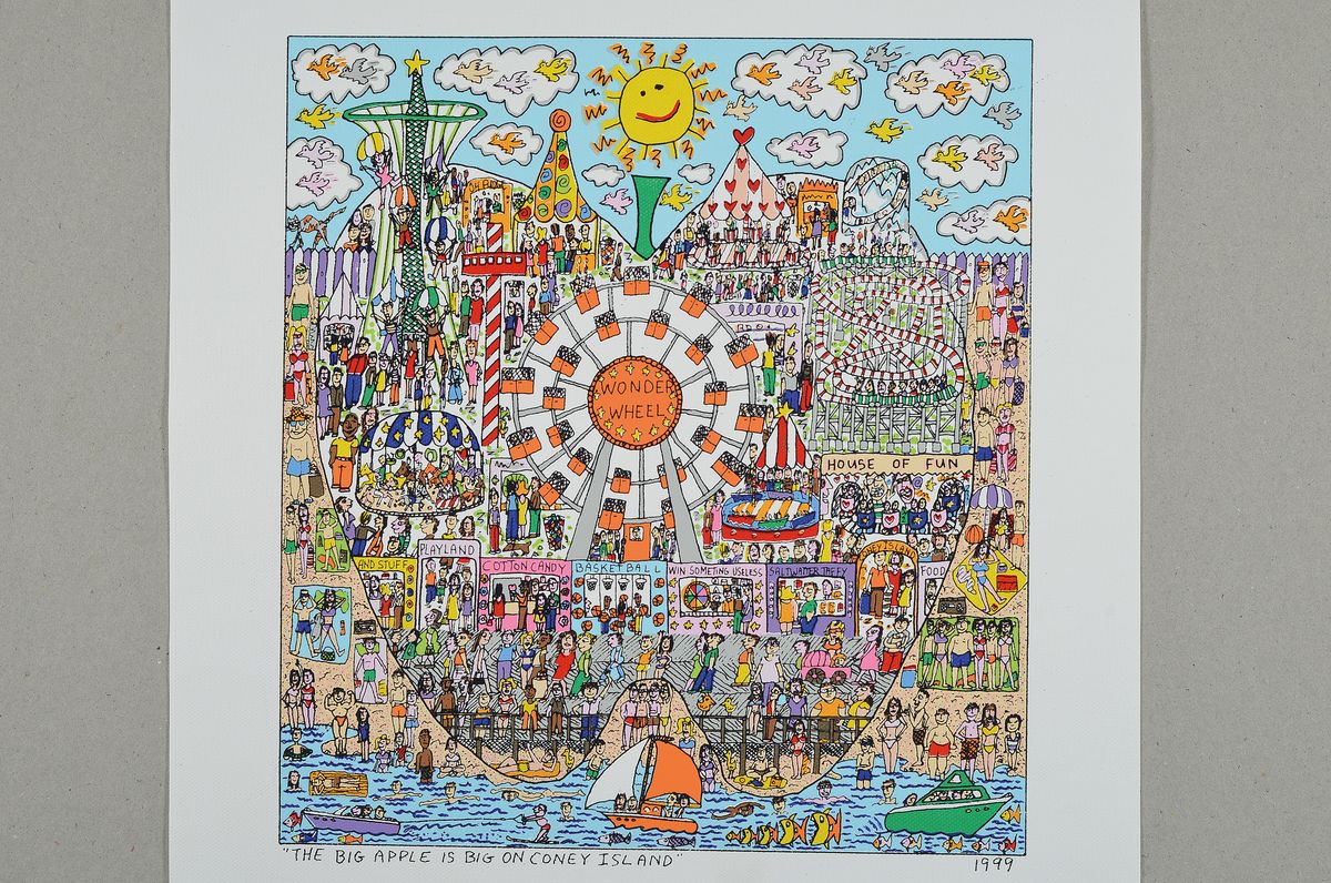 Detail k: James Rizzi, 1950-2011, The big apple is big on Coney Island, Farblithographie auf Leinwand von 1999, ca. 28x25.5cm