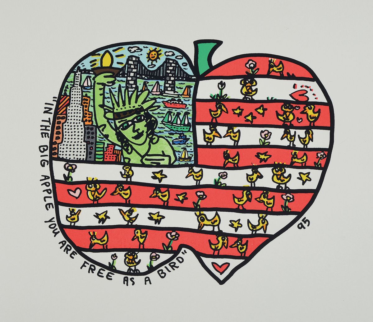 James Rizzi, 1950-2011, In the big apple you are free as a bird, Farblithographie von 1995, Blattgr. ca. 25.5x28cm