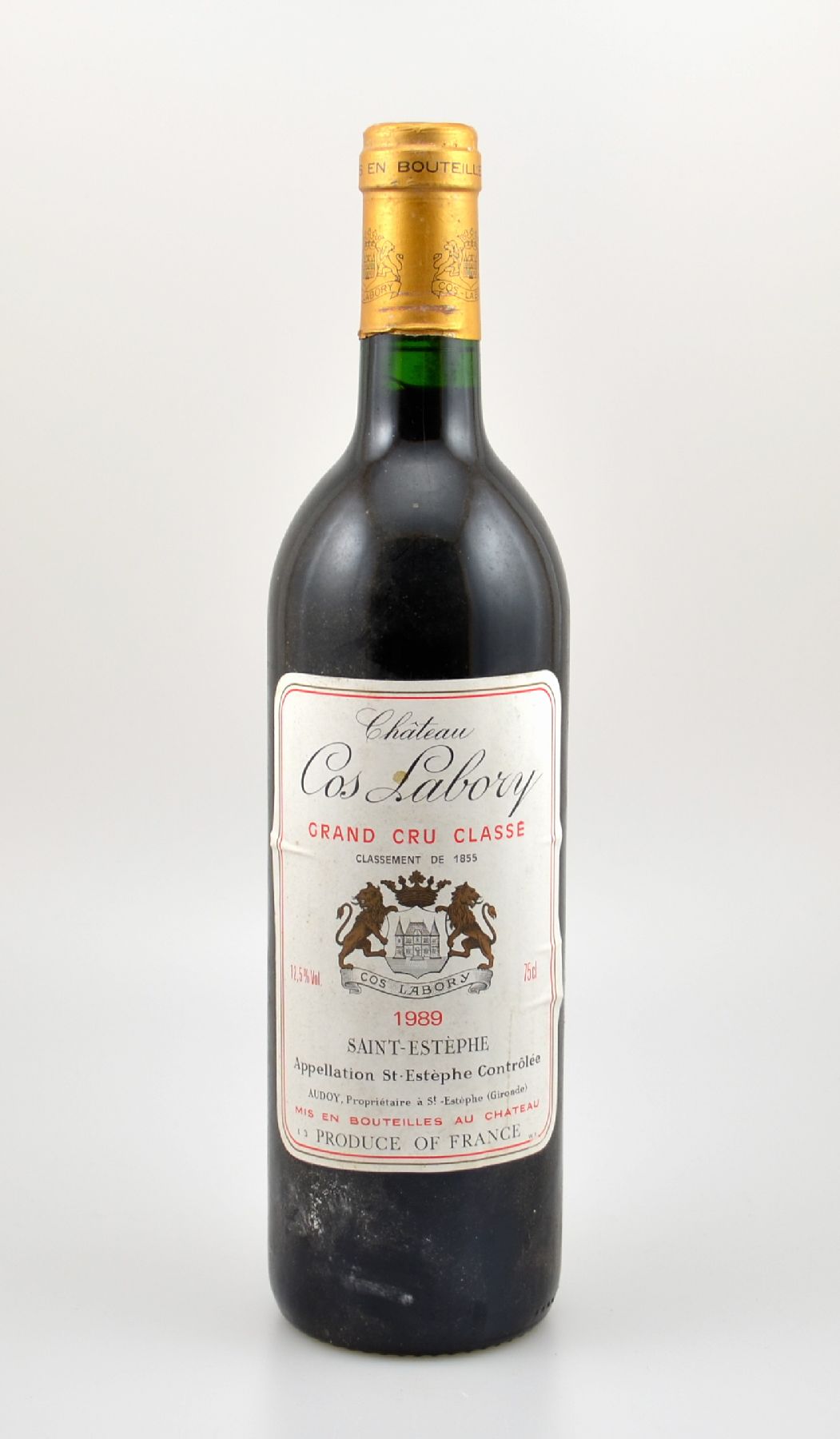 1 Flasche 1989 Chateau Cos Labory, Saint-Estephe, Grand Cru Classe, ca. 75 cl, 12,5 % Vol., Füllstand: ca. into neck, Etikett l. beschmutzt, ...