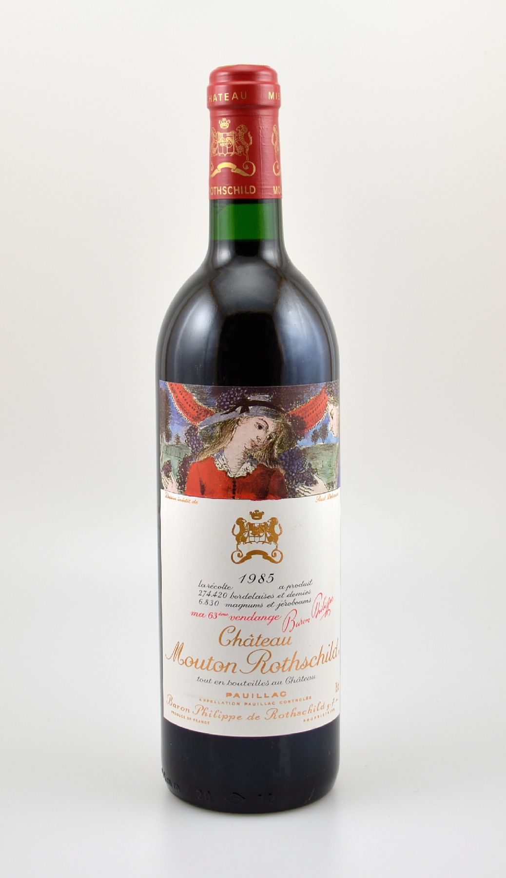 1 Flasche 1985 Chateau Mouton Rothschild, Pauillac, Premier Grand Cru Classe, ca. 75 cl, Füllstand: ca. into neck, hervorragender Erhaltungszustand, ...