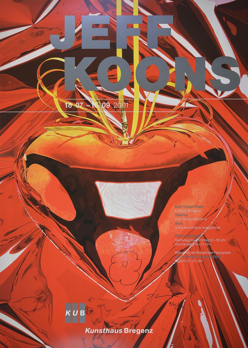 Jeff Koons, geb. 1955, Red Heart, Kunsthaus Bregenz 2001, Farboffset, handsign., dat. 9/21/02 , mit einer Blumenzeichnung versehen, ca. 84x59,5 cm