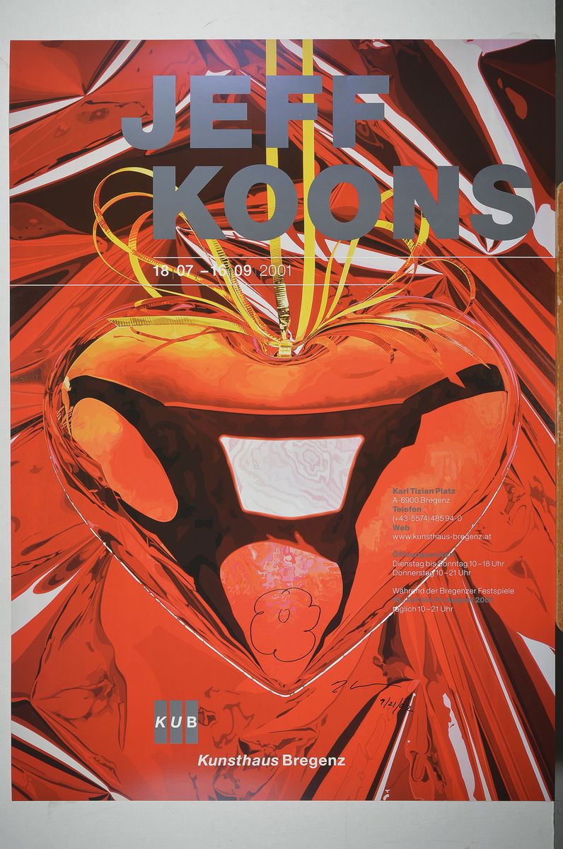 Detail k: Jeff Koons, geb. 1955, Red Heart, Kunsthaus Bregenz 2001, Farboffset, handsign., dat. 9/21/02 , mit einer Blumenzeichnung versehen, ca. 84x59,5 cm
