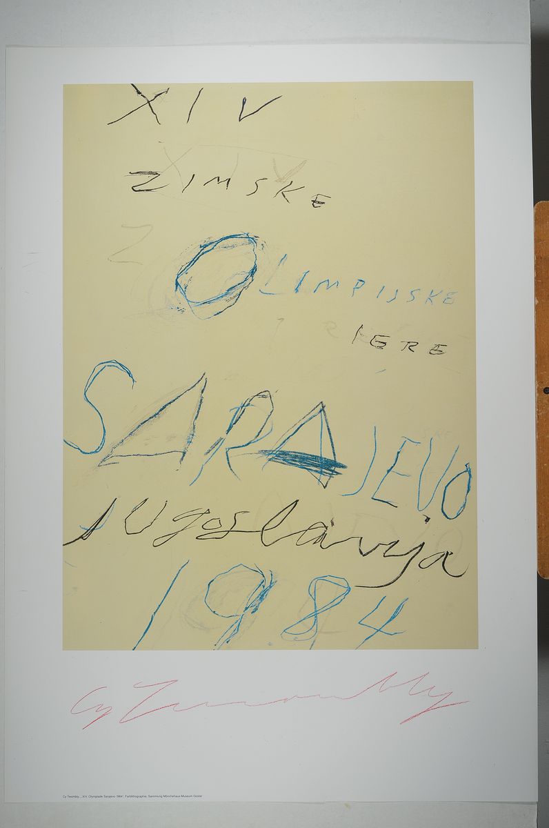 Detail k: Cy Twombly, XVI Olympiade Sarajevo, 1984, Mönchehaus Museum Goslar 1995, Limitierte Vorzugsausgabe, Farboffset, handsign., ca. 100x70 cm ,