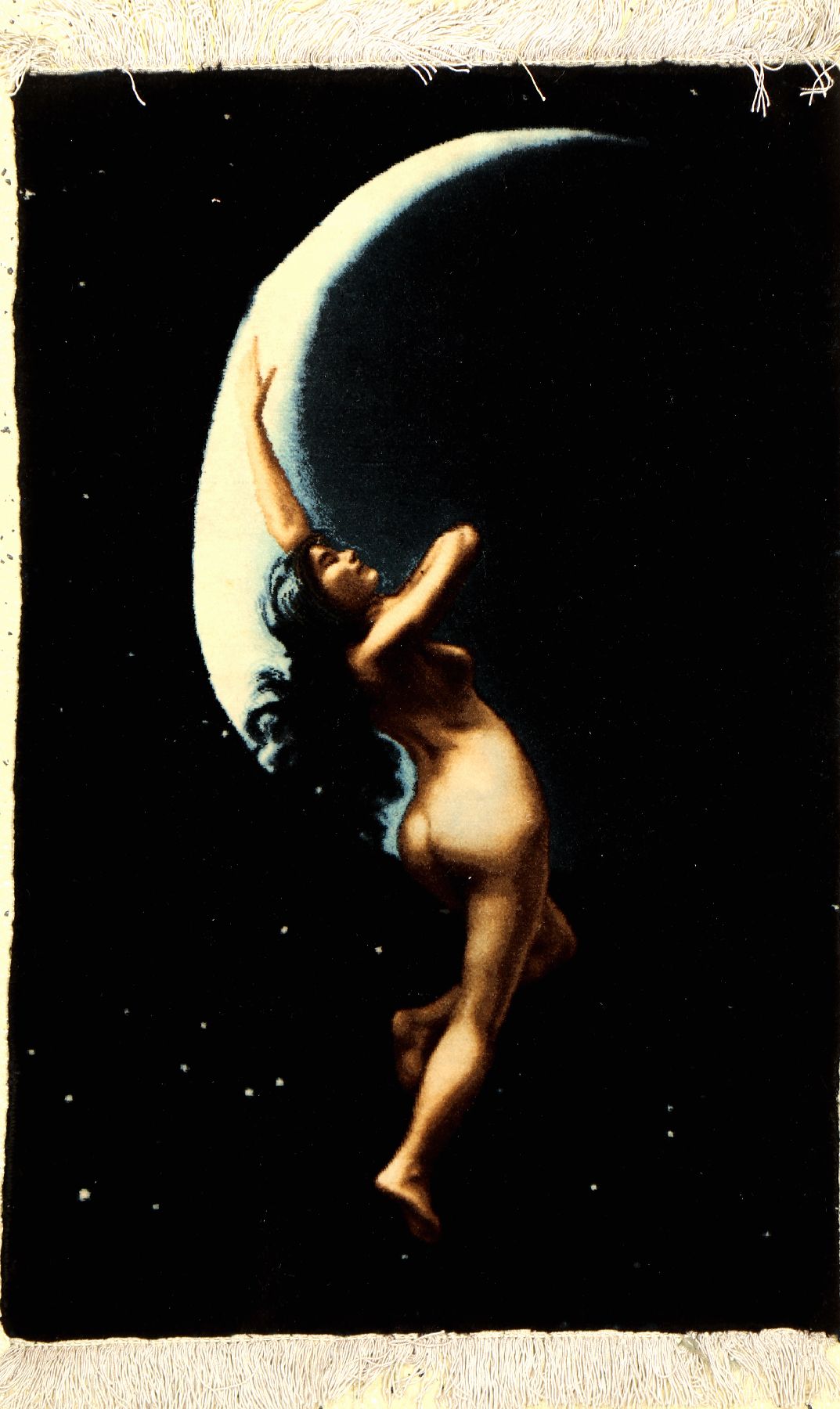 Täbriz fein (60 RAJ), Persien, ca. 15 Jahre, Korkwolle auf Seide, ca. 82 x 54 cm, EHZ: 1-2 (fachkundig gereinigt). Girl Dancing with the Moon