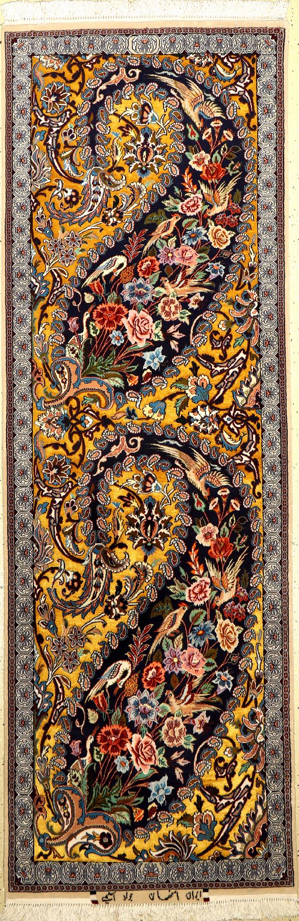 Gelber Esfahan fein "Javade Eslimi" (Seidengrund) "Signiert", Persien, ca. 15 Jahre alt, Korkwolle mit und auf Seide. Seltener ...