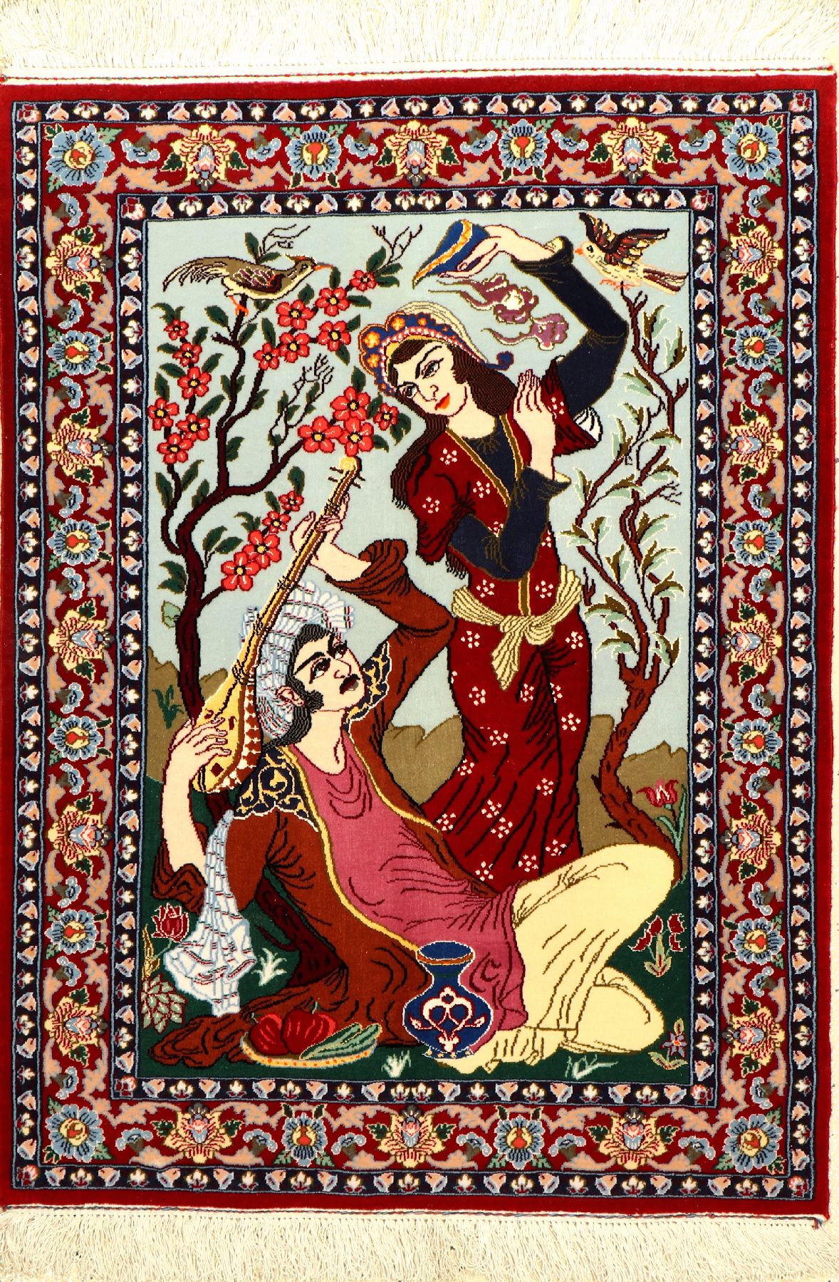Eafahan fein (Bildteppich), Persien, ca. 15Jahre, Korkwolle mit und auf Seide, ca. 96 x 70 cm, Hafiz Motiv, EHZ: 1-2 (fachkundig gereinigt).