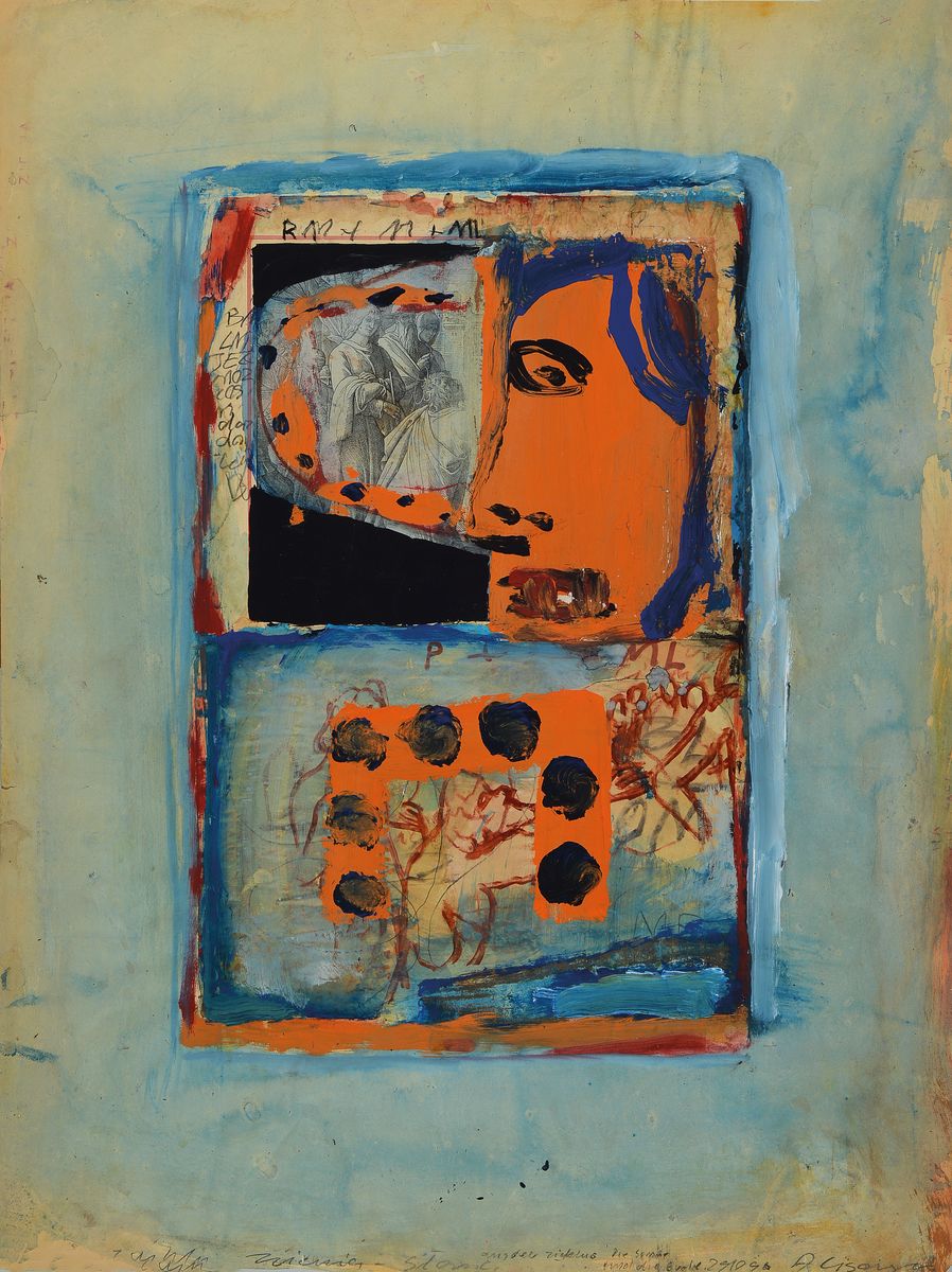 Andrzej Cicoswki geb. 1962 Polen, Schüler von A.R. Penck, hier: Collage, Wasserfarbe/Acryl/Papier, sign. beschriftet, verso Künstlerstempel, dat. ...