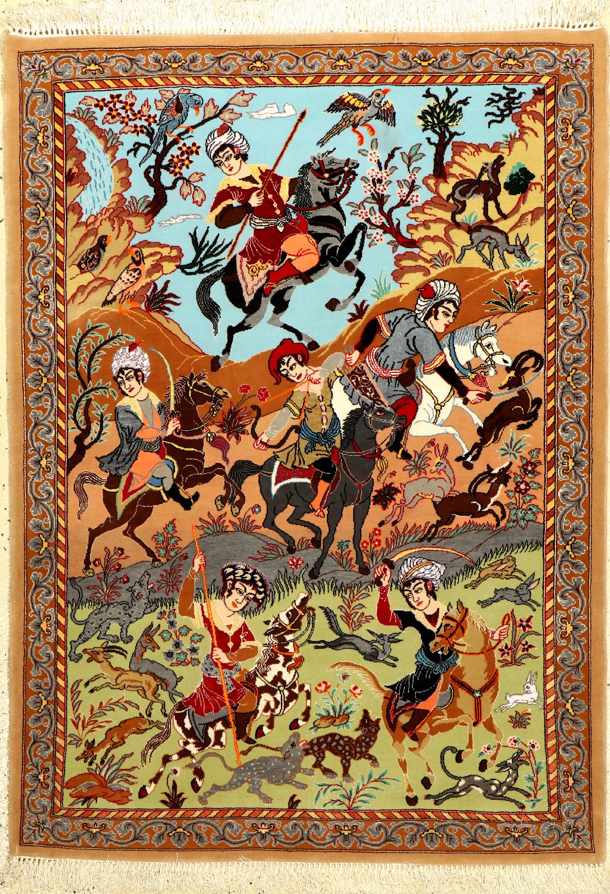 Esfahan fein (Safavid Hunting Design), Persien, ca. 15 Jahre, Korkwolle mit und auf Seide, ca. 123 x 89 cm, EHZ: 1-2 (fachkundig gereinigt). Feine ...