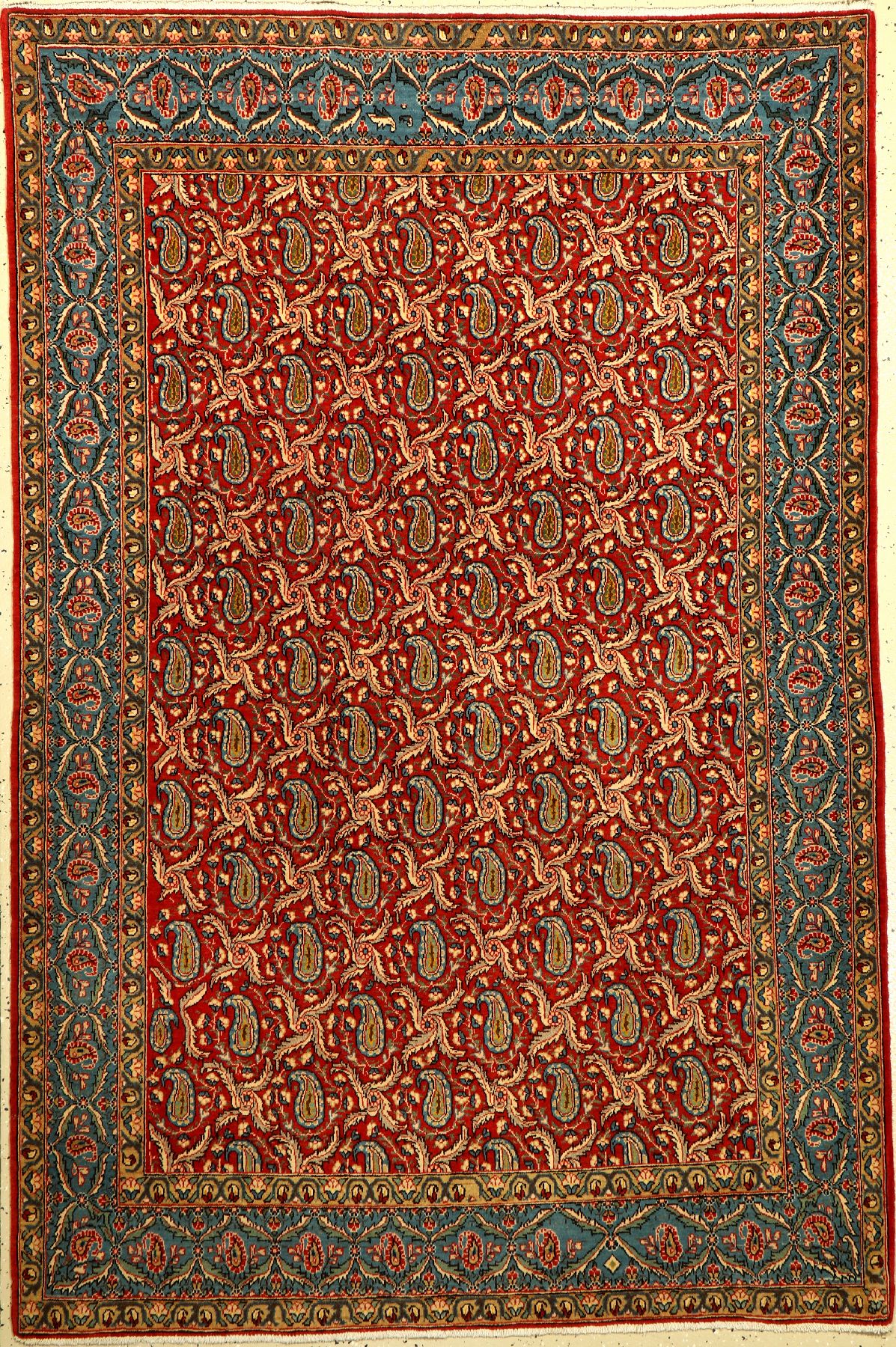 Ghom Kork fein alt, Persien, ca. 50 Jahre, Korkwolle, ca. 205 x 136 cm, EHZ: 2 (fachkundig gereinigt). Seltene Bordüre