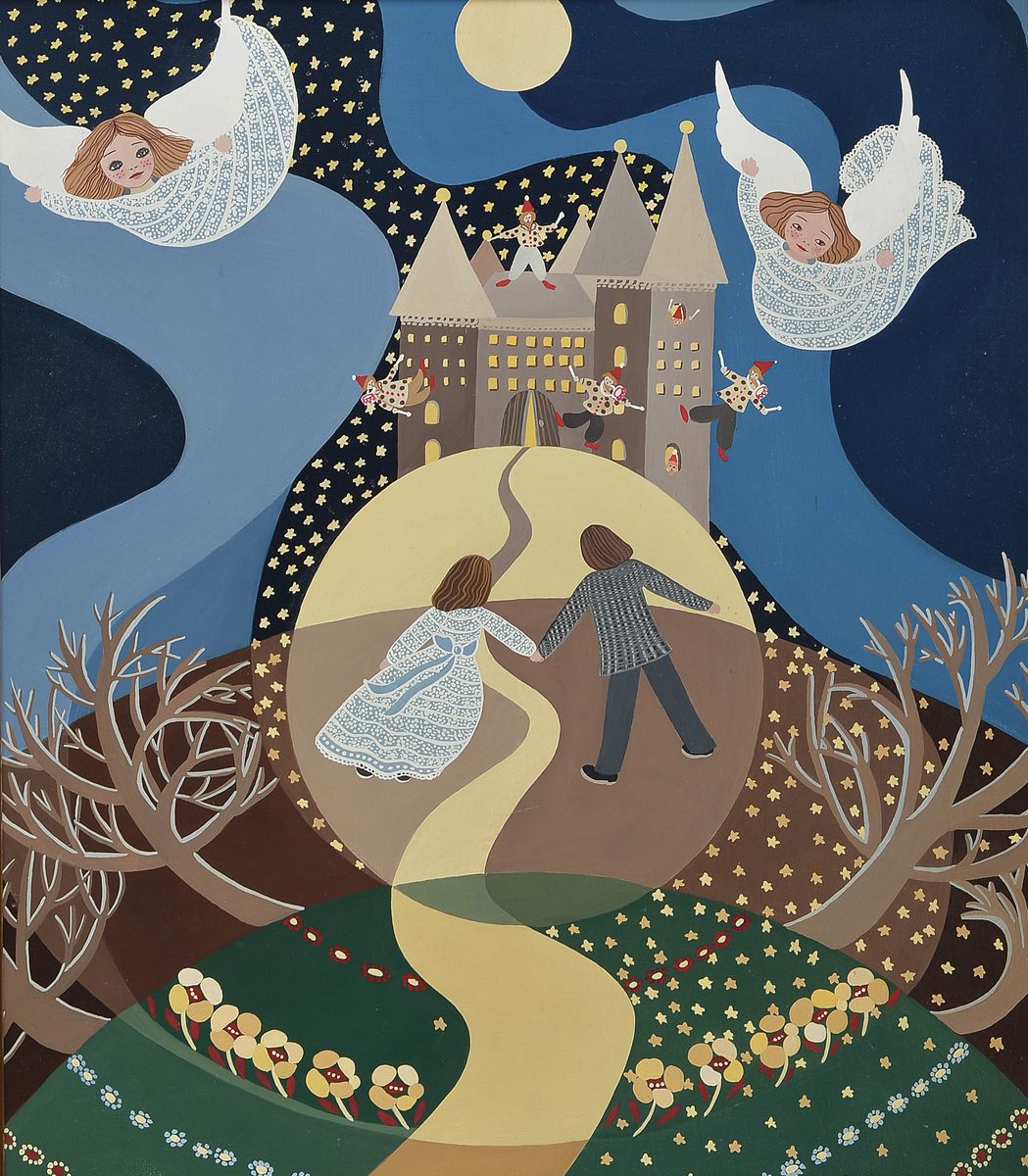Anne Rousseau, geb. 1952 St. Denis, bekannte französische Malerin und Grafikerin, hier: Le Reve-Der Traum, Öl/Holz, signiert und dat. 1979, ca. ...
