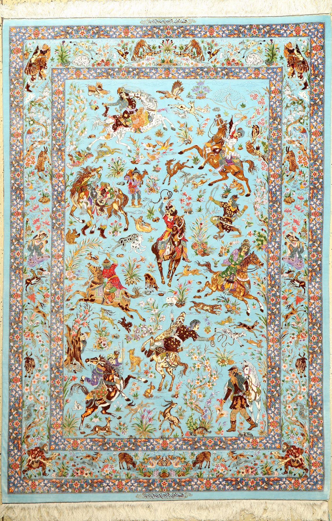 Einzigartiger sehr feiner Seiden Ghom "Majid Hossein Sadeghzadeh" (The Hunting) "Doppel Signatur", Persien, ca. 15 Jahre alt, ...