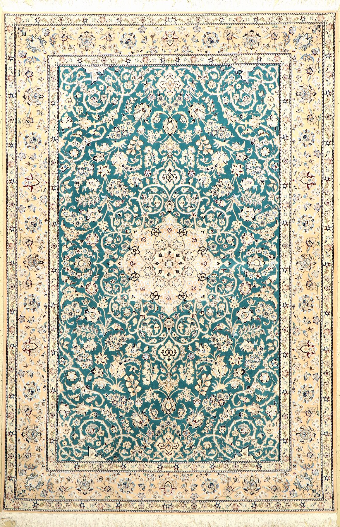 Grüner Nain fein (6 LA), Persien, ca. 15 Jahre, Korkwolle mit Seide, ca. 228 x 151 cm, hochwertige Qualität, EHZ: 1-2 (fachkundig gereinigt). ...