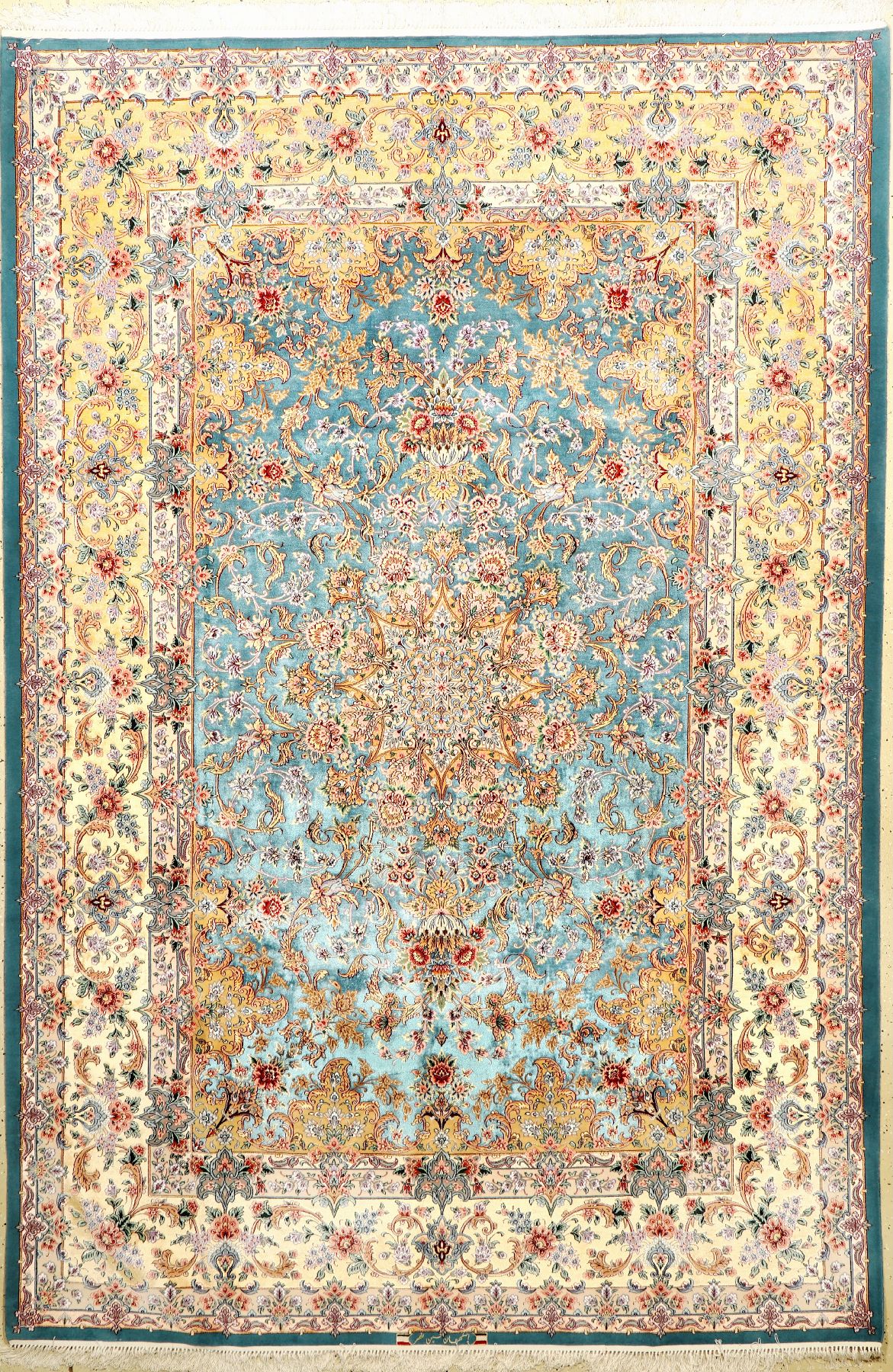 Seiden Esfahan "Hossein Nasr" fein (Signiert), Persien, ca. 15 Jahre alt, reine Naturseide mit minimalen Korkwoll-Highlights, ca. 307 x ...