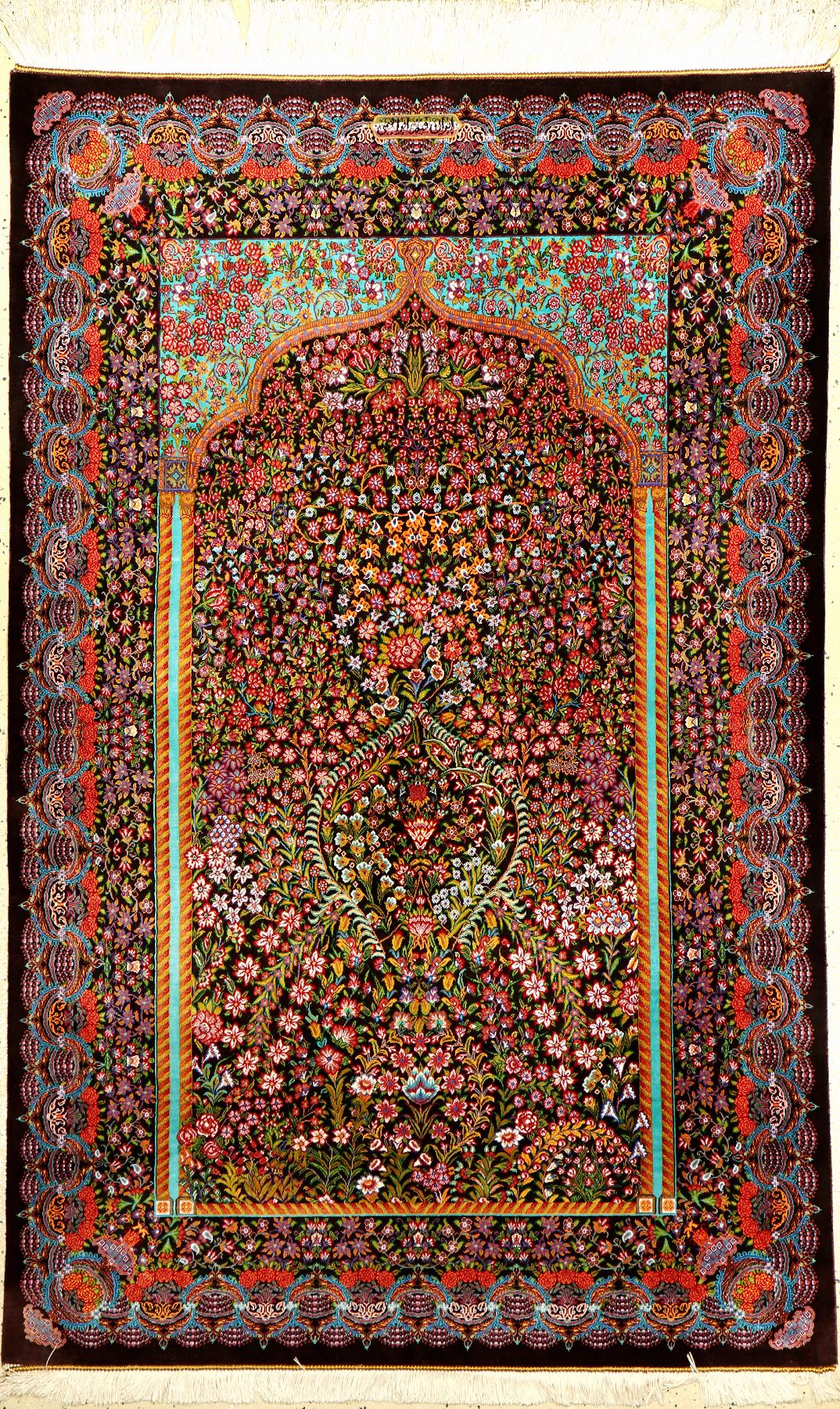 Sehr feiner Seiden Ghom "Ebrahimi" (Signiert) "Mille-Fleur Säulen-Paradies Muster", Persien, ca. 15 Jahre alt, reine ...