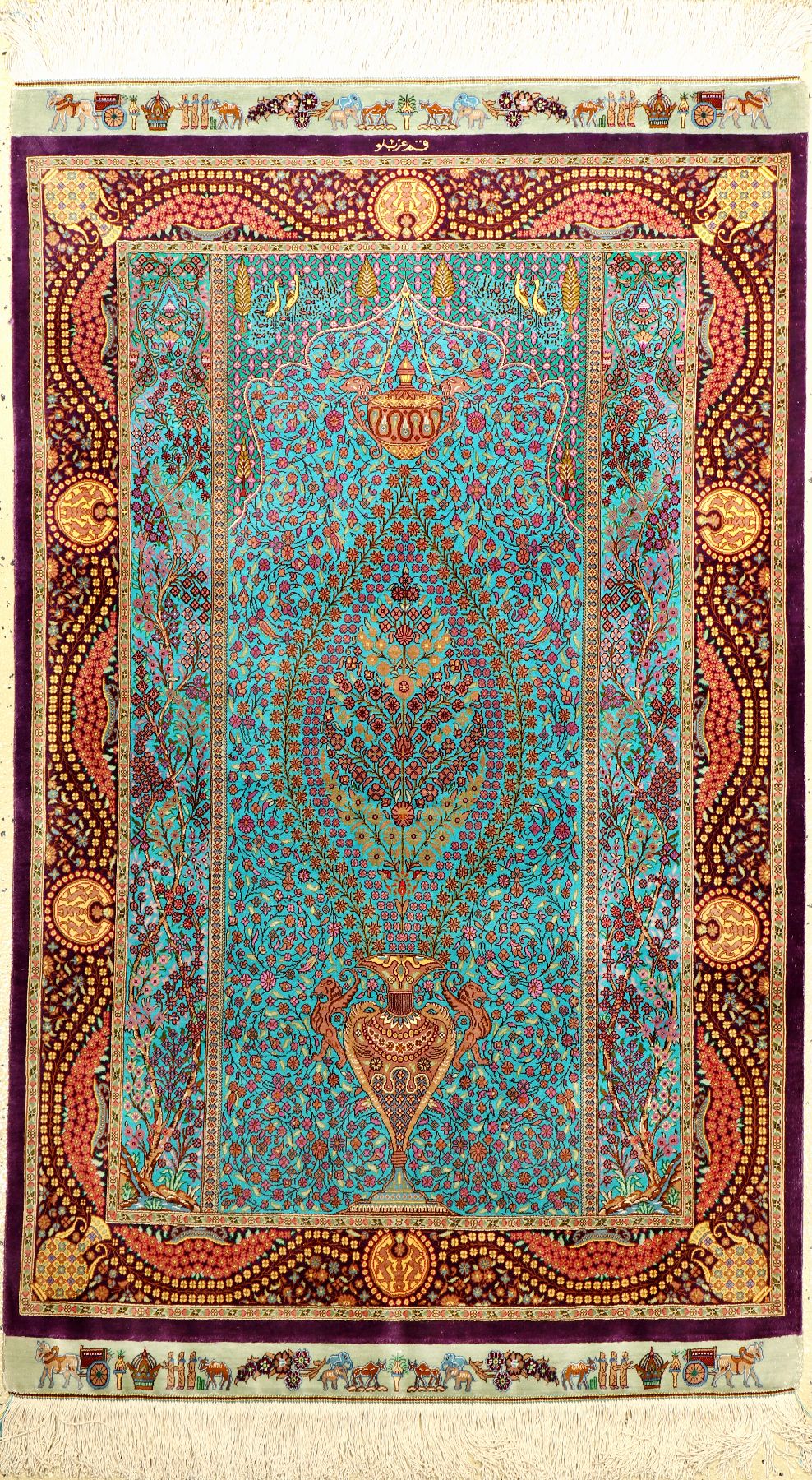 Sehr feiner himmelblauer Seiden Ghom "Arablou" (Signiert) "Königskrone, Persepolis", Persien, ca. 15 Jahre alt, reine ...