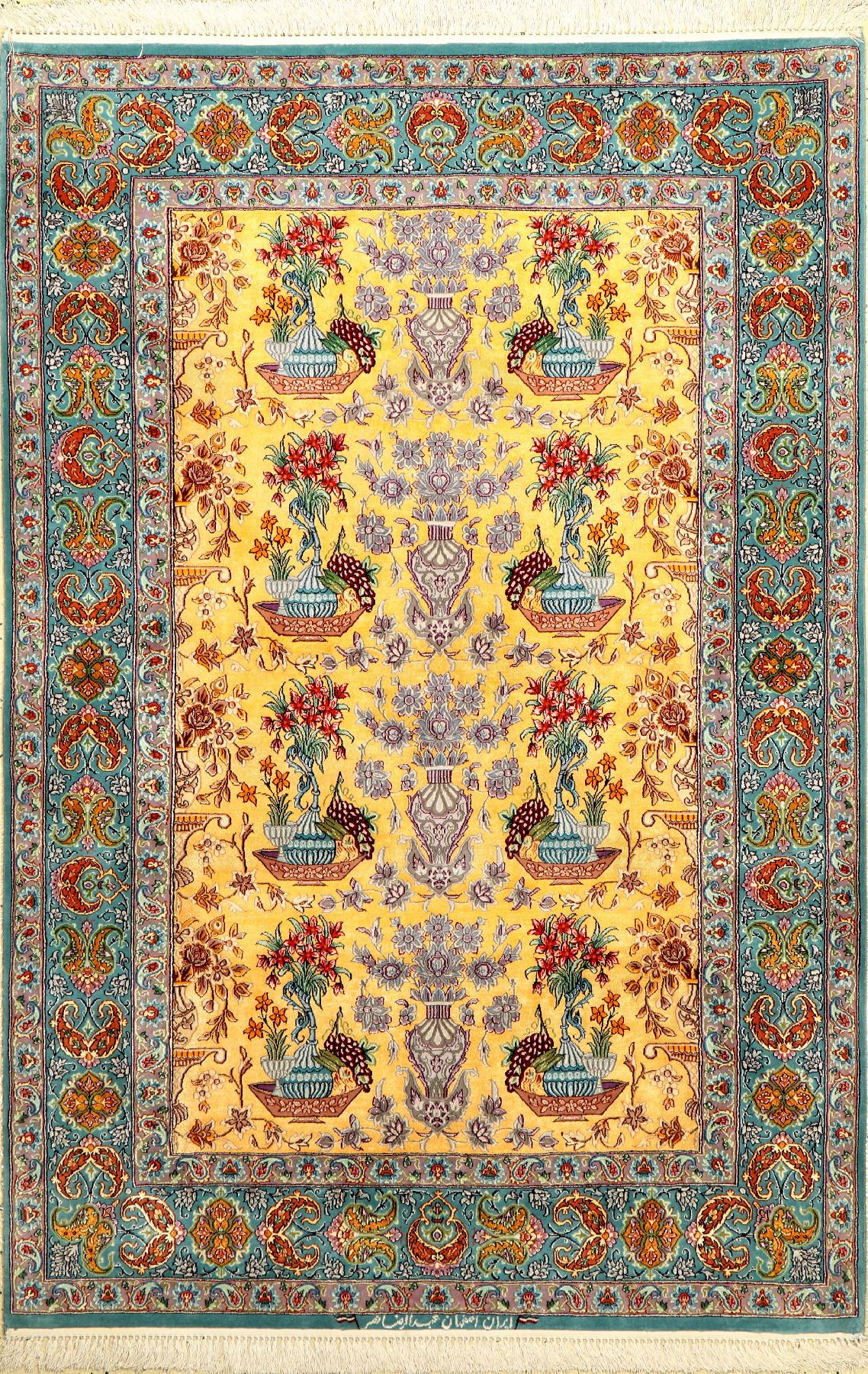 Esfahan "Abdolreza Nasr" fein "Signiert" (Seidengrund) "Vasen Design", Persien, ca. 15 Jahre alt, Seide mit Korkwolle ...