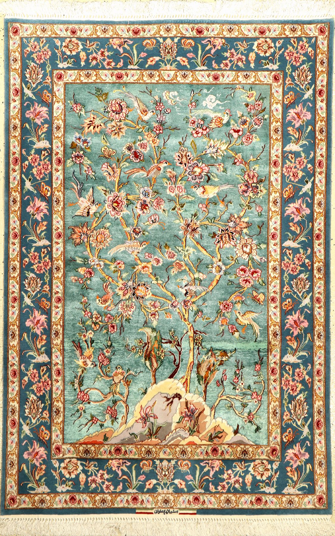 Seltener Esfahan "Pahlevan" fein (Seidengrund) "Signiert" (Lebensbaum), Persien, ca. 15 Jahre alt, Seide mit Korkwolle auf ...