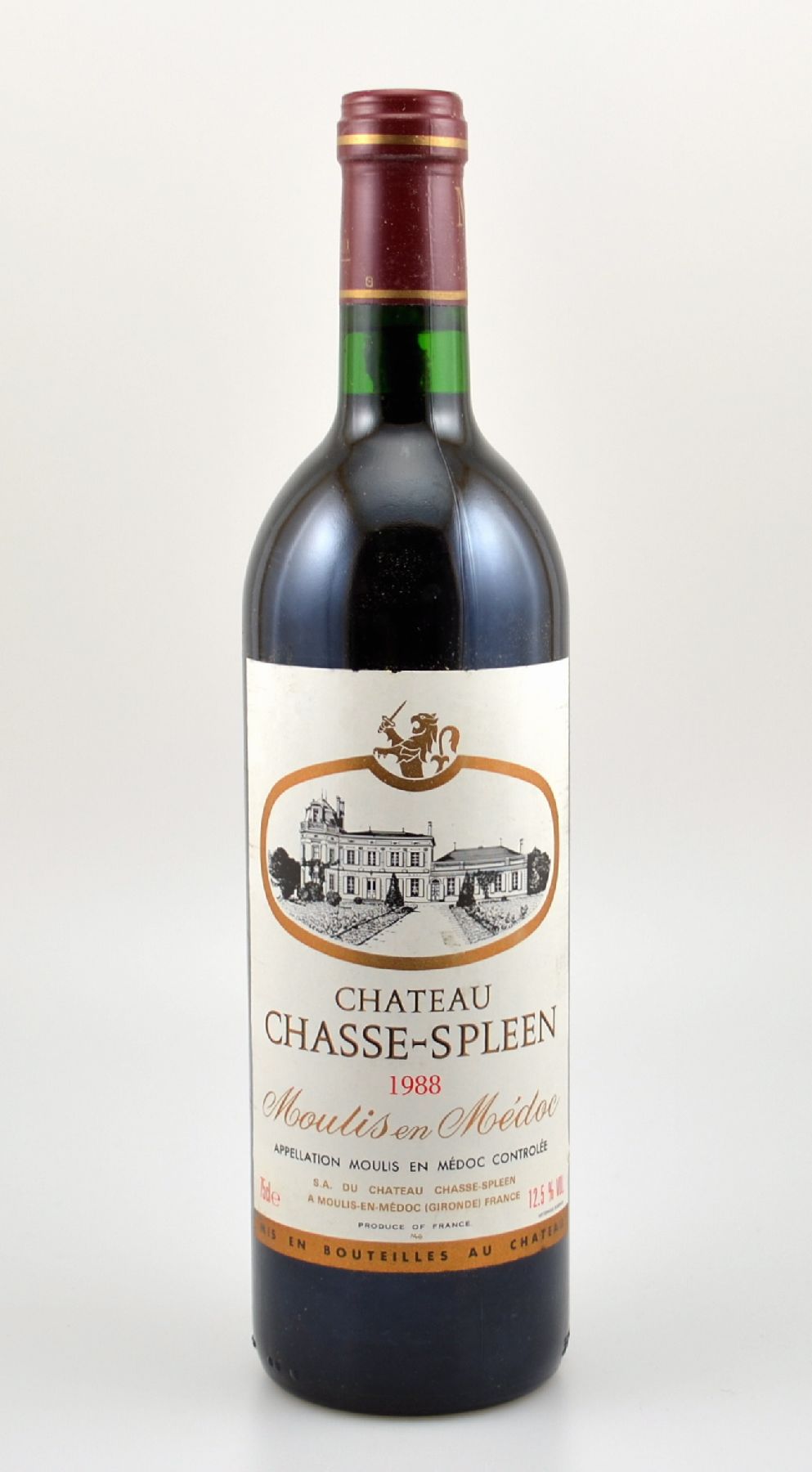 12 Flaschen 1988 Chateau Chasse-Spleen, Moulis en Medoc, je ca. 75 cl, 12,5 % Vol., Füllstände: je ca. into neck, Etiketten z.T. min. beschmutzt, ...