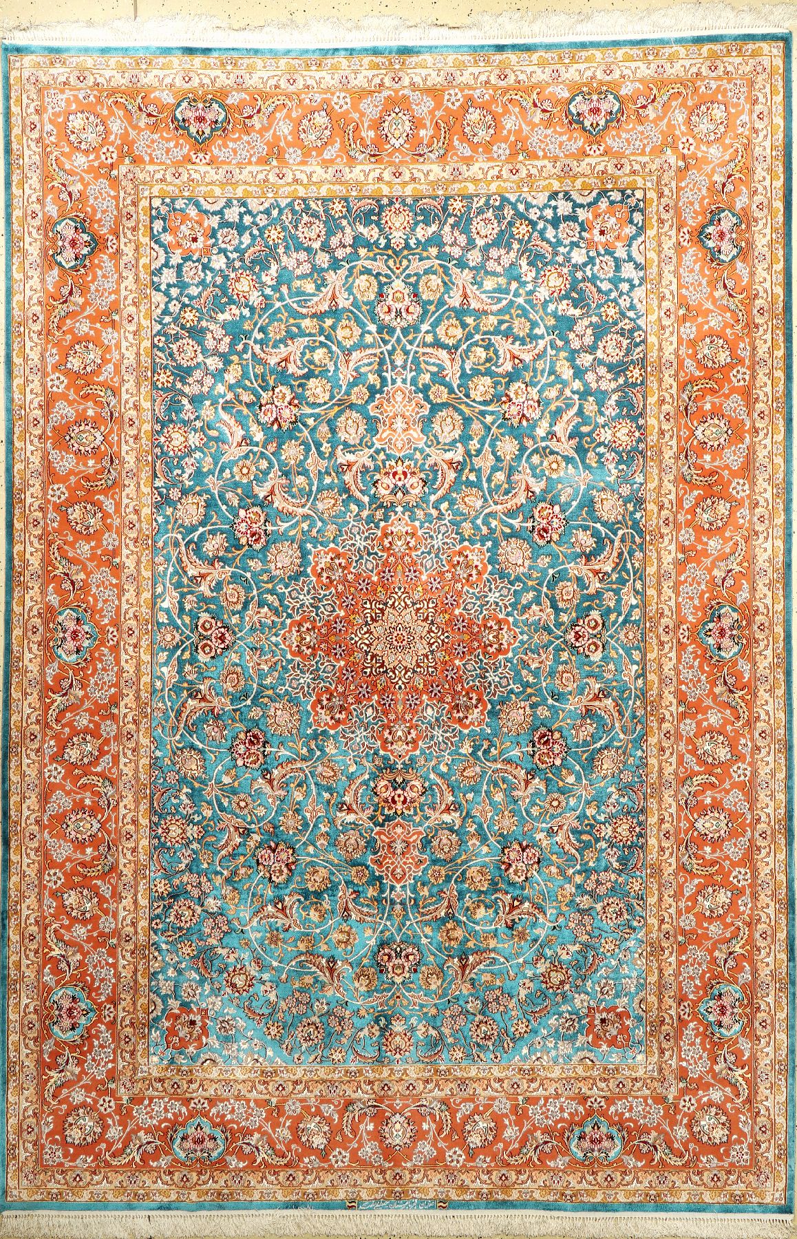 Esfahan "Mostafa Nasri" fein "Signiert" (Seidengrund & Seiden Außenrand), Persien, ca. 15 Jahre alt, Seide mit Korkwolle auf ...