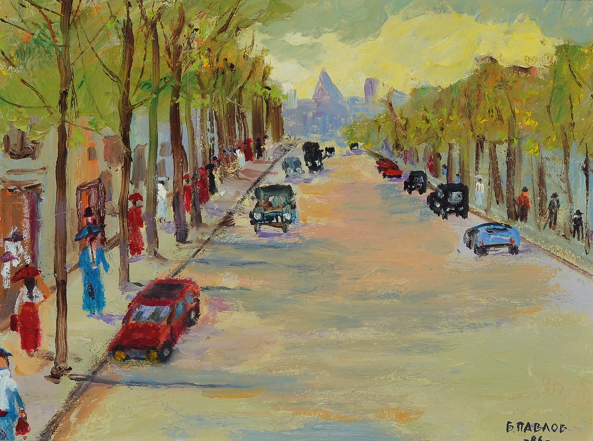 Boris Pavlov, 1928-2005, Einkaufstraße in Dijon, Öl/Karton, rechts unten sign., dat. 1986 , verso Etikett des Nachlass- Verwalters mit Nachlass-Nr. ...