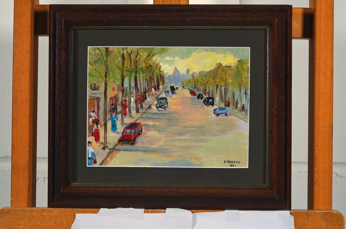 Detail k: Boris Pavlov, 1928-2005, Einkaufstraße in Dijon, Öl/Karton, rechts unten sign., dat. 1986 , verso Etikett des Nachlass- Verwalters mit Nachlass-Nr. ...